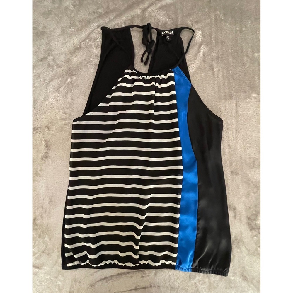 Express Womens 2013 Black White Blue Striped Halter Bubble Hem Top Large EUC‎